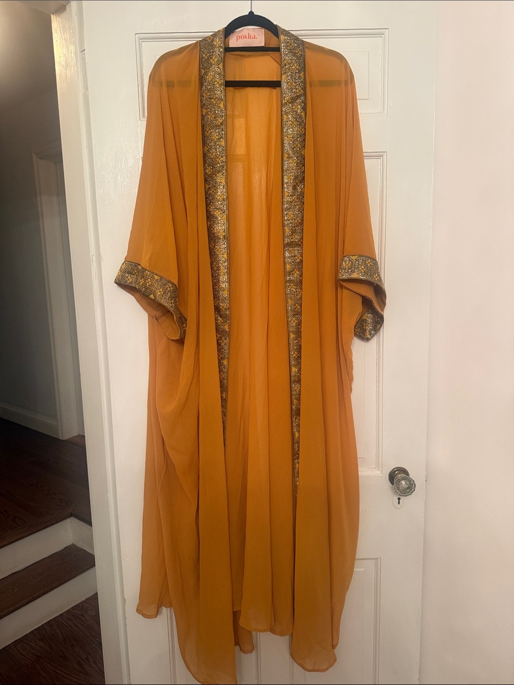 Poska Sheer Amber Kimono Robe with Metallic Trim